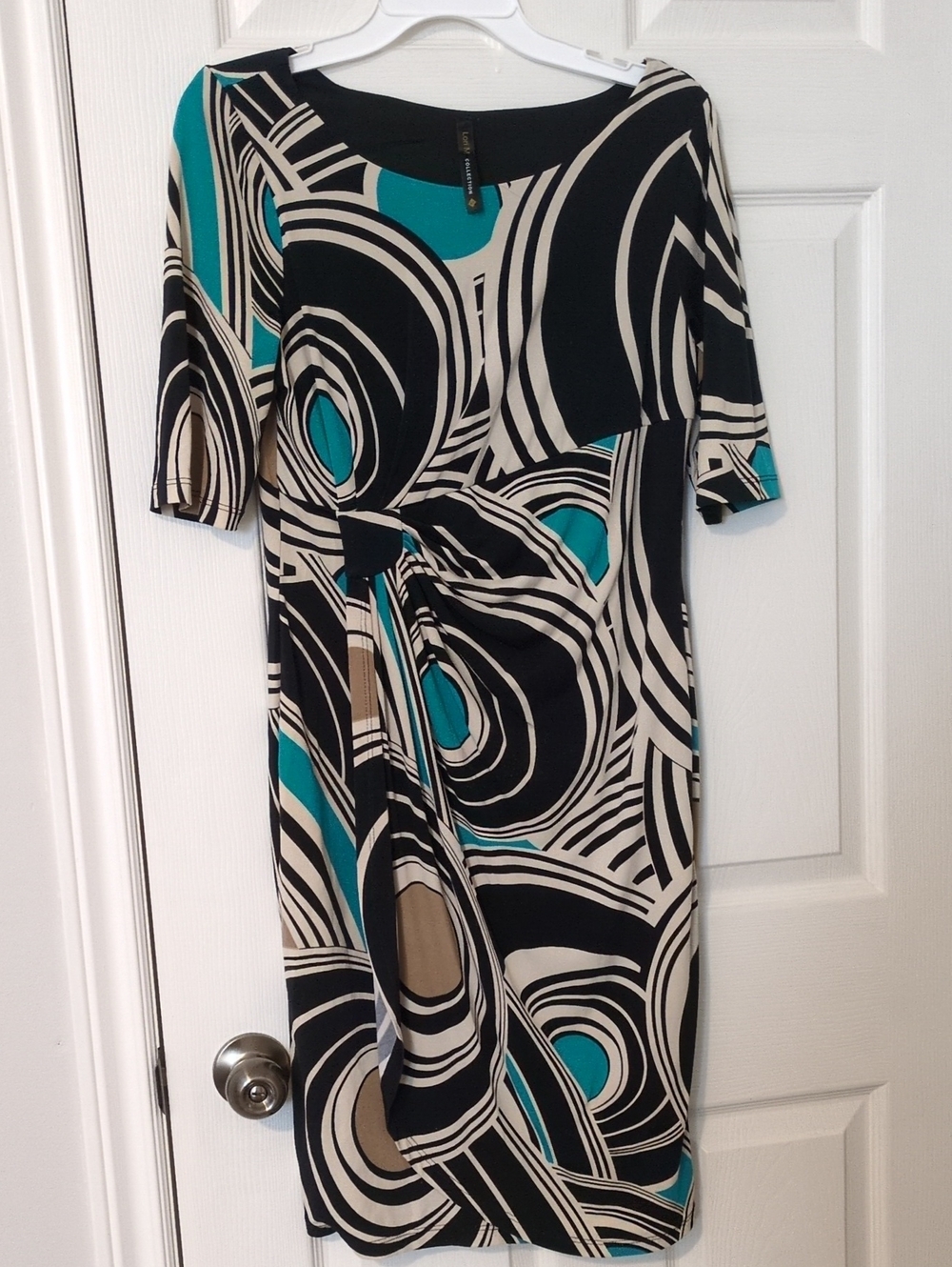 Knot-Front Midi Dress in Black, Cream & Teal